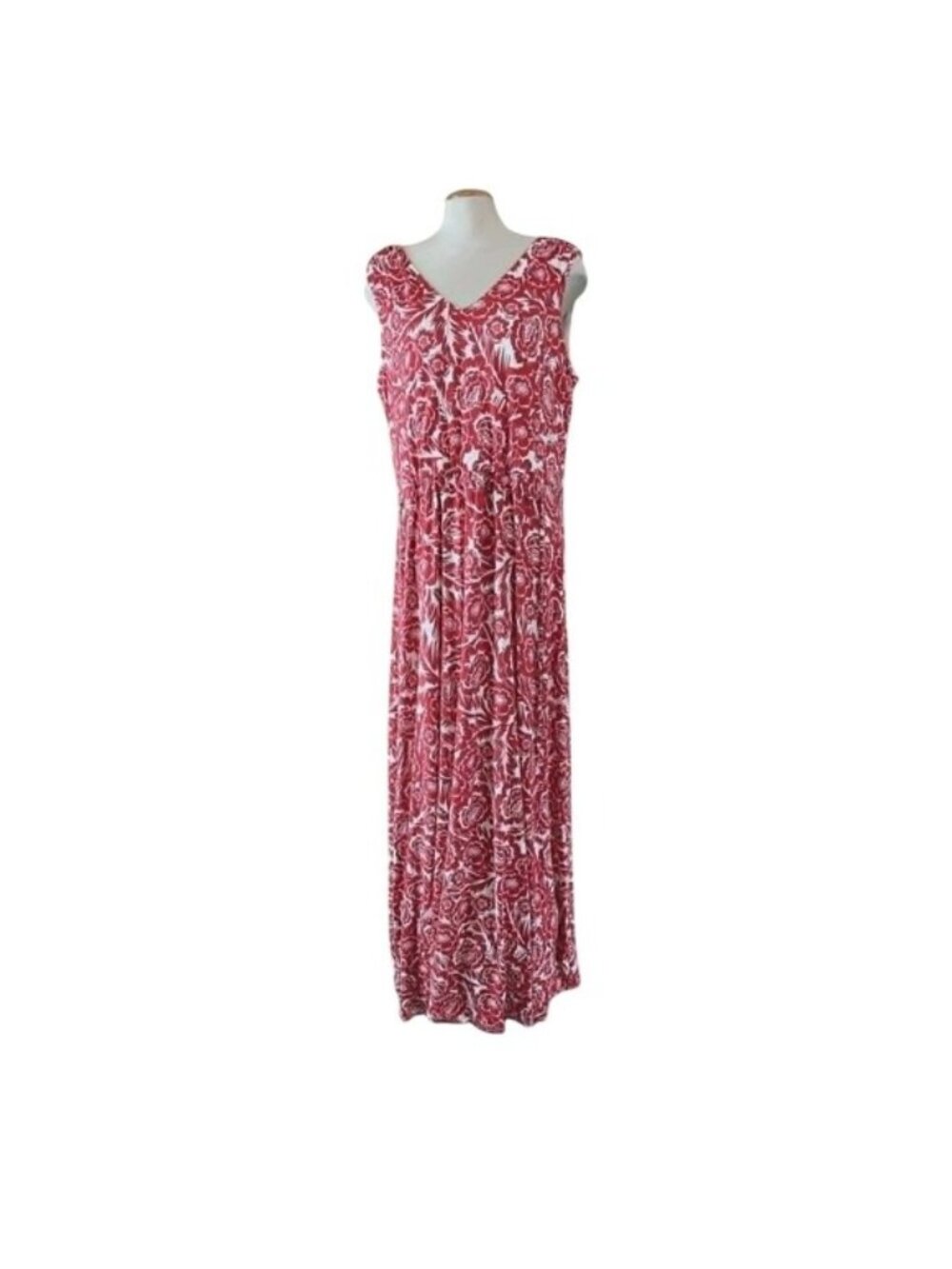 Long Tall Sally Red White Floral V-Neck Maxi Dress Sleeveless Elastic Waist 16